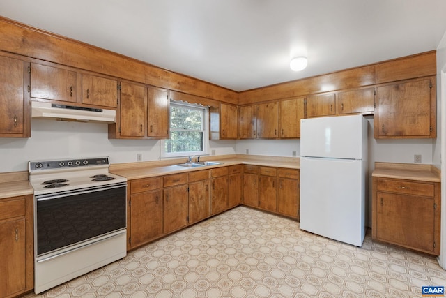 406 Green Meadow Ln, Scottsville, VA 24590 - kitchen with white appliances, under cabinet range hood, brown cabinetry, and a sink