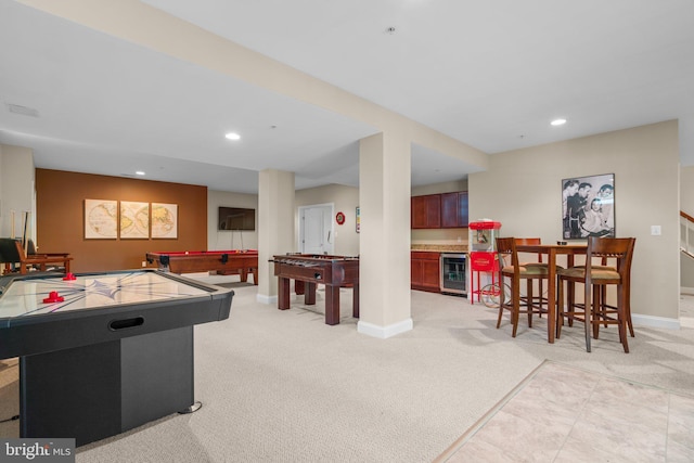505 Sherwood Mills Ct, Sandy Spring, MD 20860 - playroom with beverage cooler, billiards, recessed lighting, baseboards, and light carpet