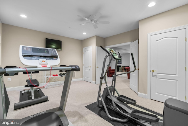505 Sherwood Mills Ct, Sandy Spring, MD 20860 - exercise room with ceiling fan, recessed lighting, baseboards, and light colored carpet