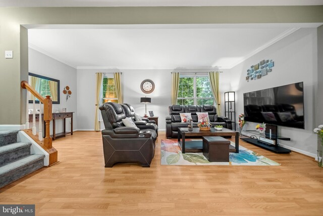 5341 Yellow Turtle Pl, Woodbridge, VA 22193 - living room featuring ornamental molding, wood finished floors, and stairway