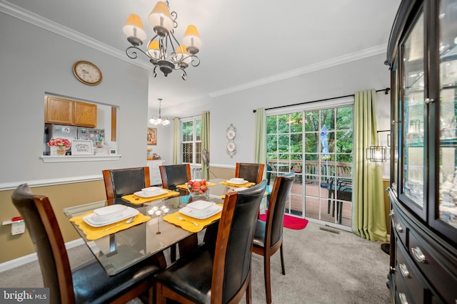 5341 Yellow Turtle Pl, Woodbridge, VA 22193 - dining area with a chandelier, light carpet, and crown molding