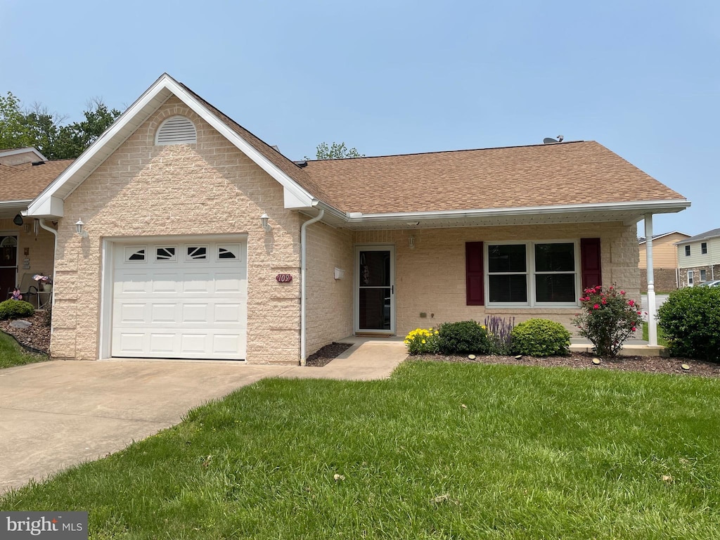 109 Myers Ave, Mcconnellsburg, PA 17233 - ranch-style house featuring a garage, driveway, a front yard, and a shingled roof