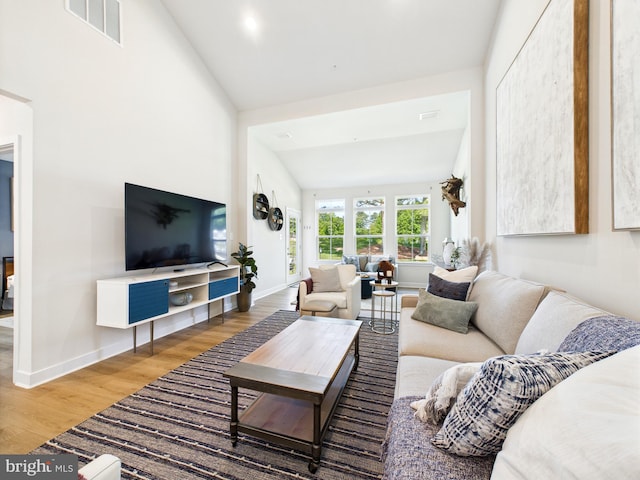 11020 Augusta Ln Unit 3, Berlin, MD 21811 - living room featuring wood finished floors, baseboards, and high vaulted ceiling