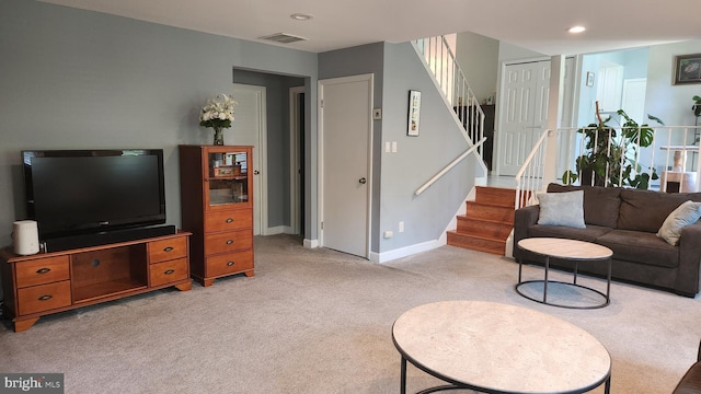15204 Watergate Rd, Silver Spring, MD 20905 - living room with light carpet, stairs, baseboards, and recessed lighting