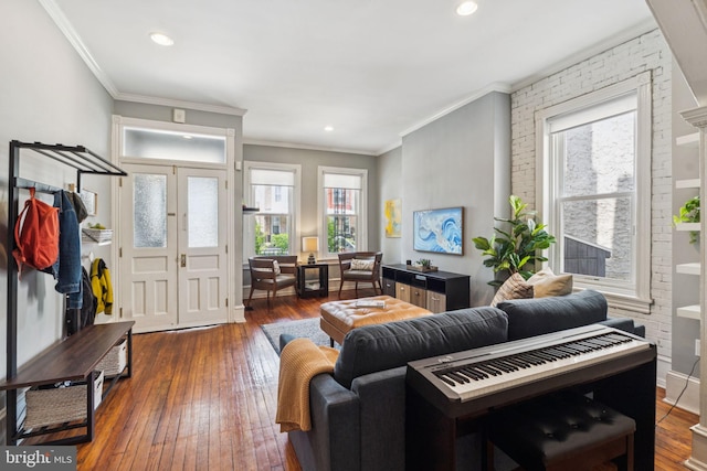 152 W Sharpnack St, Philadelphia, PA 19119 - living room with plenty of natural light, hardwood / wood-style flooring, ornamental molding, and recessed lighting