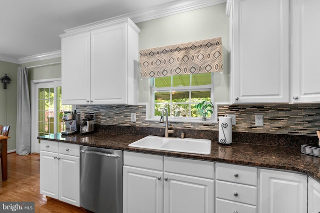 1412 Eagle Ridge Run, Bel Air, MD 21014 - kitchen with stainless steel dishwasher, a sink, ornamental molding, decorative backsplash, and white cabinets
