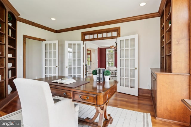 2 Autumn Meadow Ln, Malvern, PA 19355 - office space with french doors, crown molding, wood finished floors, a chandelier, and recessed lighting