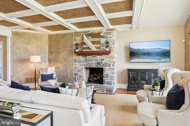 2 Autumn Meadow Ln, Malvern, PA 19355 - living area with coffered ceiling, a fireplace, beam ceiling, wood finished floors, and baseboards