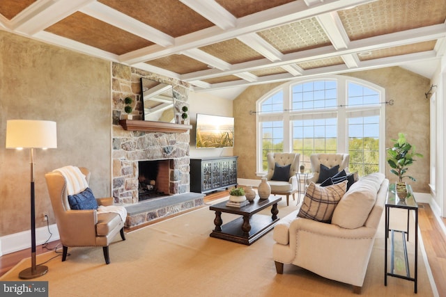 2 Autumn Meadow Ln, Malvern, PA 19355 - living area featuring coffered ceiling, baseboards, beam ceiling, wood finished floors, and a fireplace
