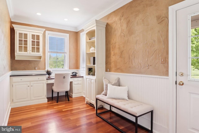 2 Autumn Meadow Ln, Malvern, PA 19355 - office with built in desk, a wainscoted wall, light wood finished floors, ornamental molding, and recessed lighting