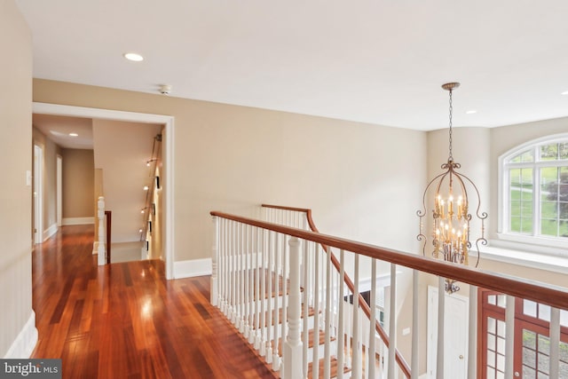 2 Autumn Meadow Ln, Malvern, PA 19355 - corridor featuring an upstairs landing, wood finished floors, a chandelier, recessed lighting, and baseboards