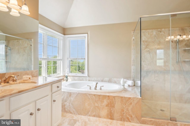 2 Autumn Meadow Ln, Malvern, PA 19355 - bathroom with vanity, a bath, a shower stall, a chandelier, and vaulted ceiling