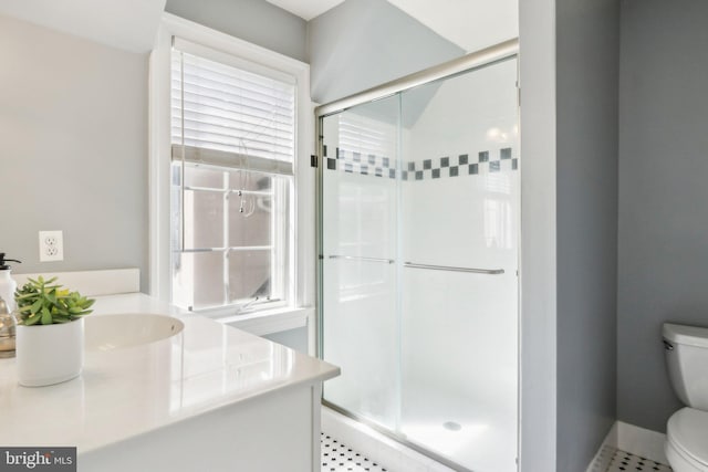 2 Autumn Meadow Ln, Malvern, PA 19355 - full bathroom featuring a stall shower, toilet, vanity, and tile patterned floors