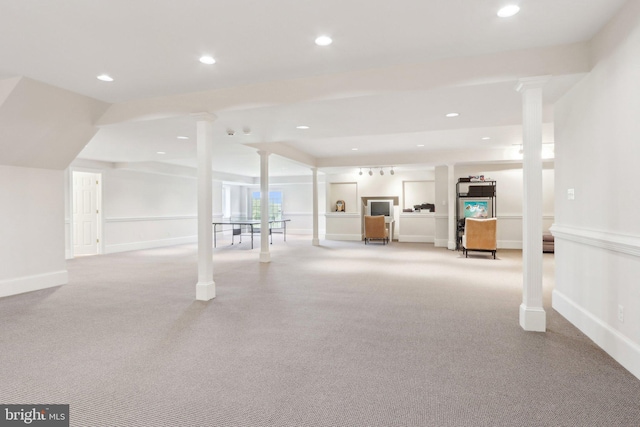 2 Autumn Meadow Ln, Malvern, PA 19355 - unfurnished living room featuring carpet flooring, recessed lighting, baseboards, and ornate columns