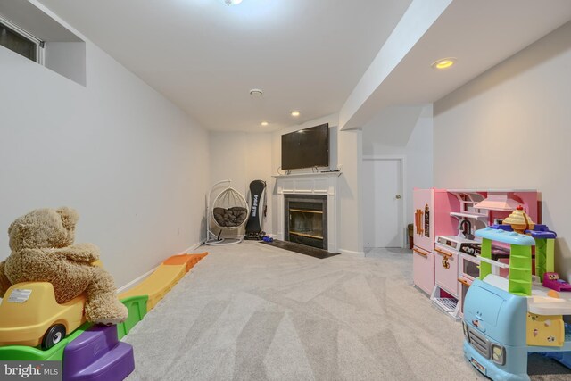 608 Budleigh Cir, Lutherville Timonium, MD 21093 - rec room with carpet, recessed lighting, and a fireplace with flush hearth