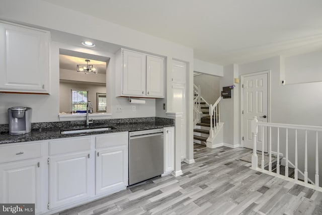 608 Budleigh Cir, Lutherville Timonium, MD 21093 - kitchen featuring stainless steel dishwasher, white cabinetry, dark stone counters, a chandelier, and recessed lighting