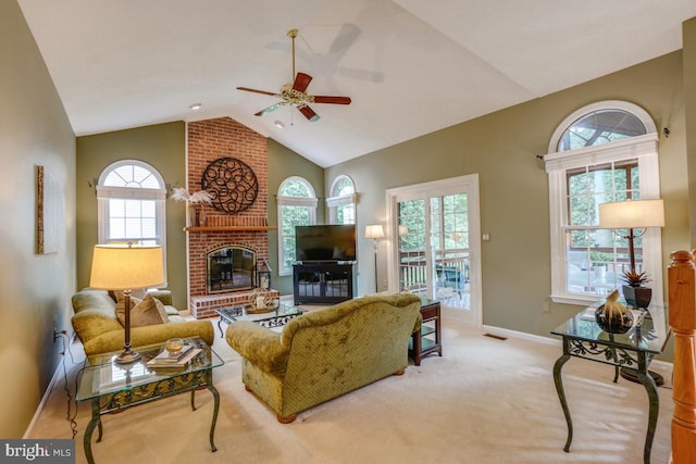 20479 Quarterpath Trace Cir, Sterling, VA 20165 - living area with ceiling fan, baseboards, a fireplace, carpet floors, and high vaulted ceiling