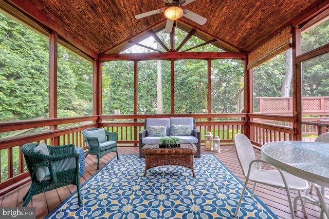 20479 Quarterpath Trace Cir, Sterling, VA 20165 - sunroom featuring ceiling fan, an outdoor living space, and lofted ceiling