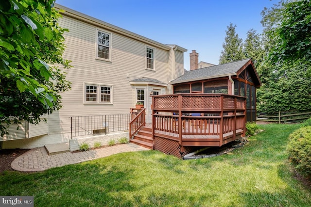 20479 Quarterpath Trace Cir, Sterling, VA 20165 - back of property featuring a chimney, a wooden deck, and a sunroom