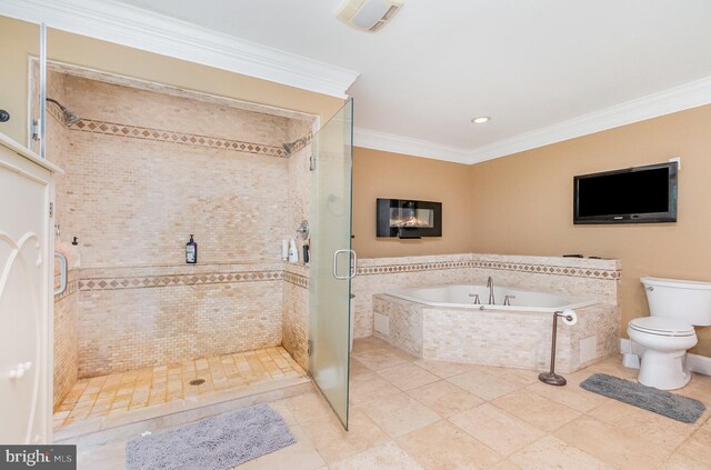 2414 Laurel Bush Rd, Abingdon, MD 21009 - bathroom with a bath, toilet, a shower stall, ornamental molding, and recessed lighting