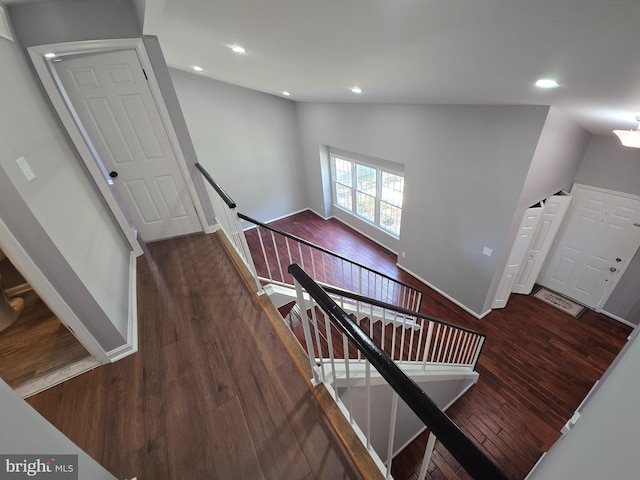 9456 Keepsake Way, Columbia, MD 21046 - stairway with vaulted ceiling, wood finished floors, and recessed lighting