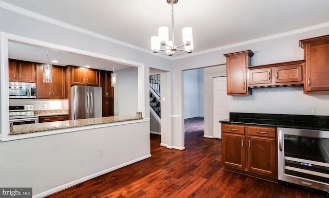 9456 Keepsake Way, Columbia, MD 21046 - kitchen with appliances with stainless steel finishes, wine cooler, a chandelier, crown molding, and dark wood finished floors