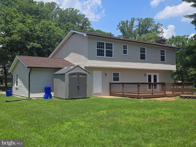 9456 Keepsake Way, Columbia, MD 21046 - rear view of property featuring a storage unit, a wooden deck, a chimney, a yard, and french doors