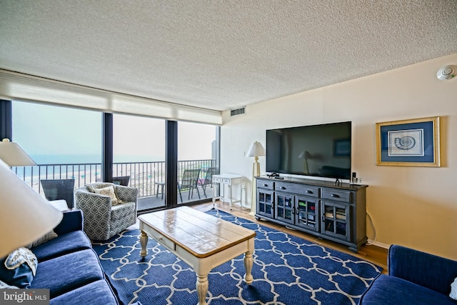 604 Dover House Rd Unit 604S, Bethany Beach, DE 19930 - living room with wood finished floors, a textured ceiling, floor to ceiling windows, and baseboards