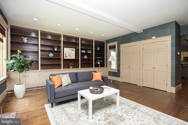 403 Club Rd, Baltimore, MD 21210 - living room with wood finished floors, beam ceiling, and baseboards