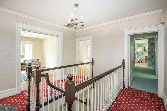 403 Club Rd, Baltimore, MD 21210 - hallway with carpet, a chandelier, an upstairs landing, baseboards, and ornamental molding