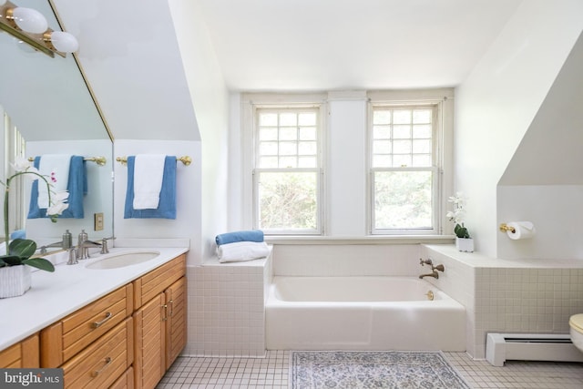 403 Club Rd, Baltimore, MD 21210 - full bath featuring a baseboard radiator, tile patterned floors, a garden tub, vanity, and toilet
