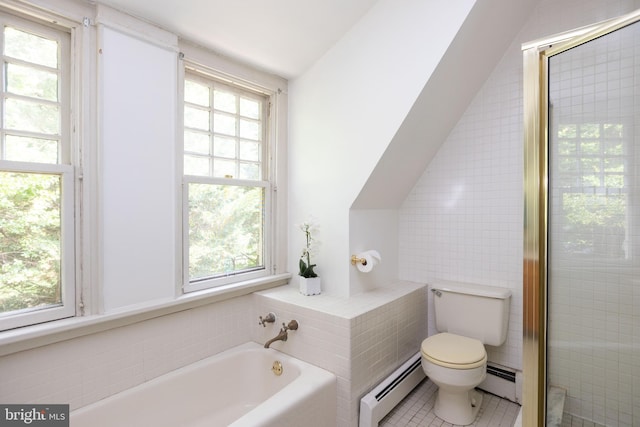 403 Club Rd, Baltimore, MD 21210 - full bath with a baseboard radiator, tile walls, a garden tub, toilet, and healthy amount of natural light