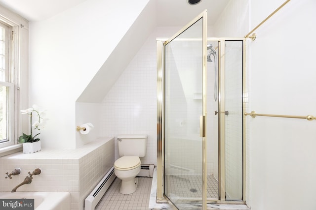 403 Club Rd, Baltimore, MD 21210 - bathroom featuring tile walls, a baseboard radiator, a garden tub, a stall shower, and toilet