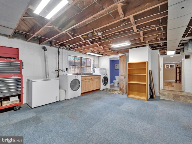 407 Vaughn Rd, Royersford, PA 19468 - below grade area with fridge, washer and clothes dryer, carpet, and concrete block wall