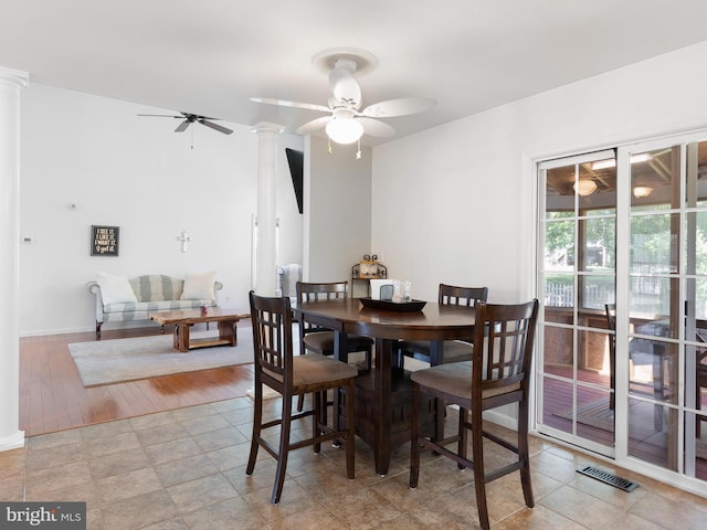 5185 Turkey Point Road, North East, MD 21901 - tiled dining space with ceiling fan and decorative columns