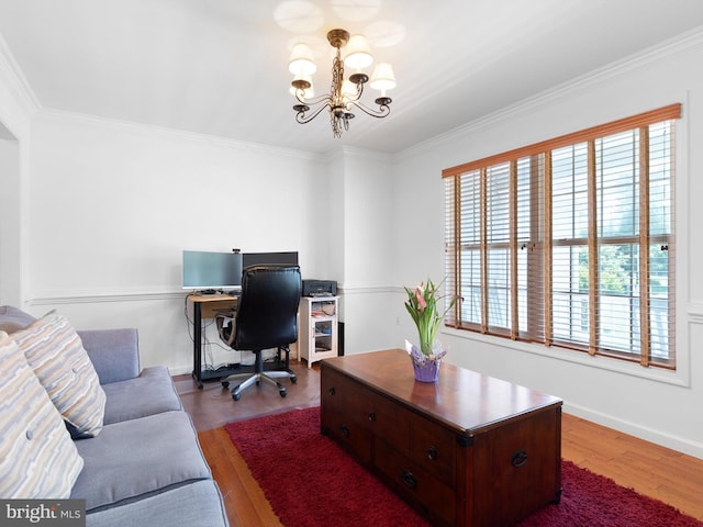 5185 Turkey Point Road, North East, MD 21901 - office area featuring healthy amount of natural light, a chandelier, wood finished floors, and crown molding