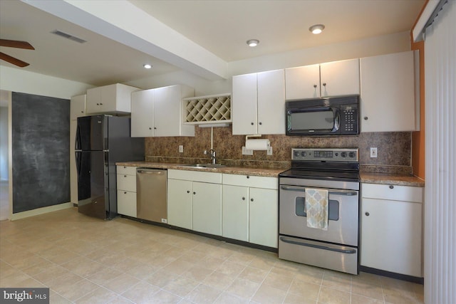 6483 Heatherfield Way, Harrisburg, PA 17112 - kitchen featuring black appliances, ceiling fan, decorative backsplash, a sink, and dark countertops