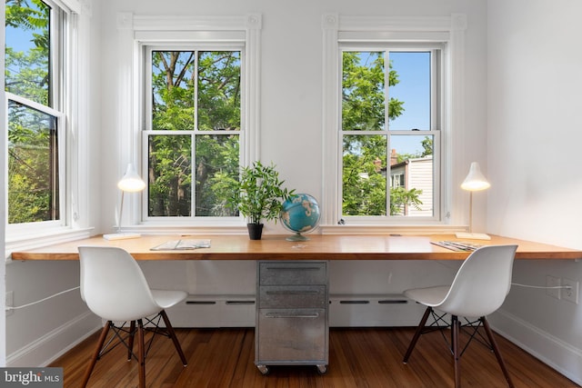 111 8th St SE, Washington, DC 20003 - home office featuring built in study area, dark wood finished floors, plenty of natural light, and a baseboard radiator