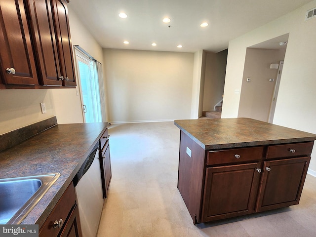 10361 Bridle Ct, Hagerstown, MD 21740 - kitchen featuring dark countertops, dishwasher, recessed lighting, a sink, and dark brown cabinets