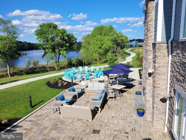 35141 Wright Way, Millsboro, DE 19966 - view of swimming pool featuring a water view, a patio, and a lawn