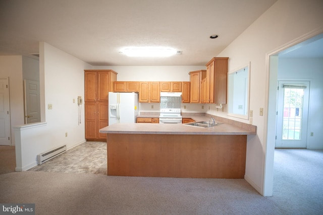 301 Sunbrook Ln Unit 89, Hagerstown, MD 21742 - kitchen featuring white appliances, baseboard heating, light carpet, and a peninsula
