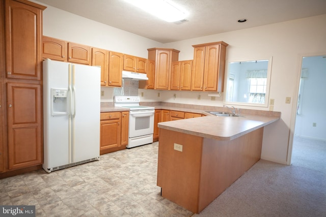 301 Sunbrook Ln Unit 89, Hagerstown, MD 21742 - kitchen featuring white appliances, under cabinet range hood, a sink, a peninsula, and light countertops
