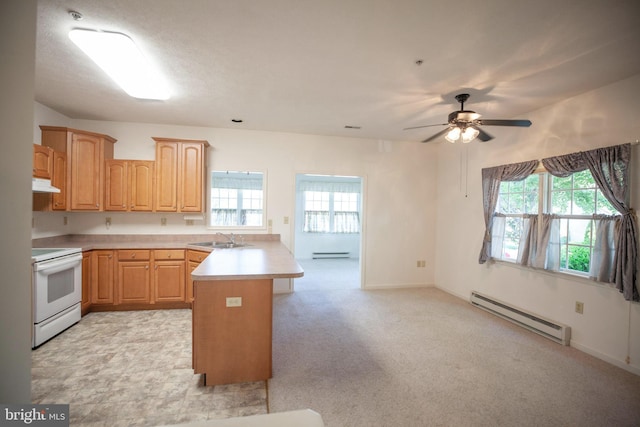 301 Sunbrook Ln Unit 89, Hagerstown, MD 21742 - kitchen with a baseboard radiator, white electric stove, a peninsula, under cabinet range hood, and a sink
