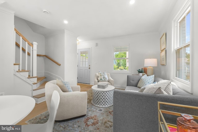 2402 E Randolph Ave, Alexandria, VA 22301 - living area with stairs, wood finished floors, recessed lighting, ornamental molding, and baseboards