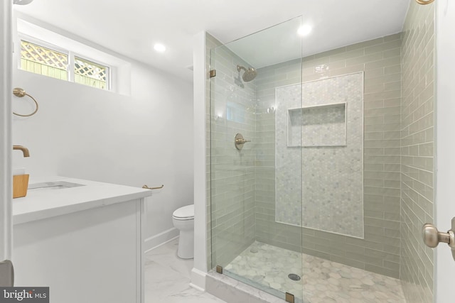 2402 E Randolph Ave, Alexandria, VA 22301 - bathroom featuring a stall shower, toilet, marble look tile flooring, vanity, and recessed lighting