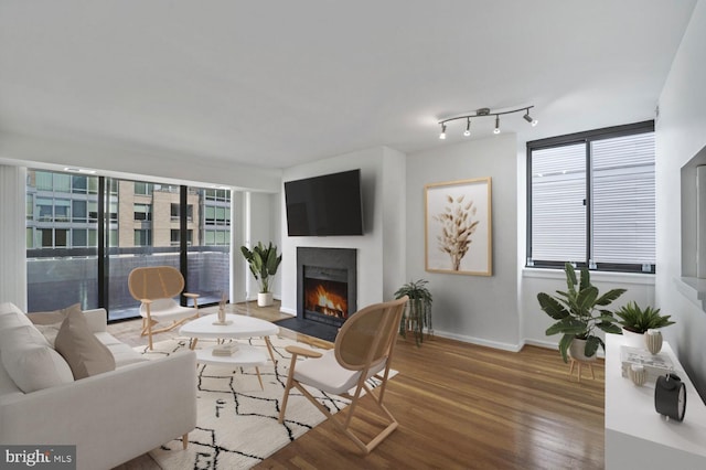 1140 23rd St NW Unit 903, Washington, DC 20037 - living room with wood finished floors, a fireplace with flush hearth, and baseboards
