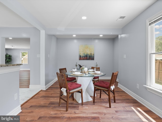 8211 Hocking Pl, Alexandria, VA 22309 - dining room featuring wood finished floors, recessed lighting, beam ceiling, and baseboards