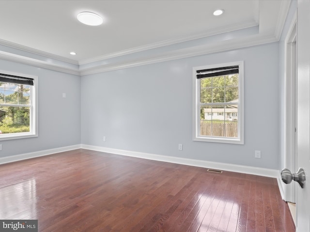 8211 Hocking Pl, Alexandria, VA 22309 - spare room with plenty of natural light, a raised ceiling, crown molding, dark wood-type flooring, and baseboards