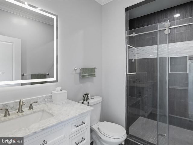 8211 Hocking Pl, Alexandria, VA 22309 - bathroom with toilet, vanity, a stall shower, and crown molding