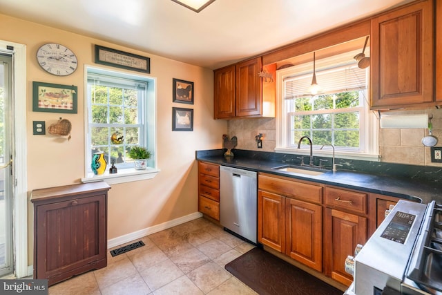 1864 Edge Hill Rd, Abington, PA 19001 - kitchen with dishwasher, range, a sink, decorative backsplash, and brown cabinetry